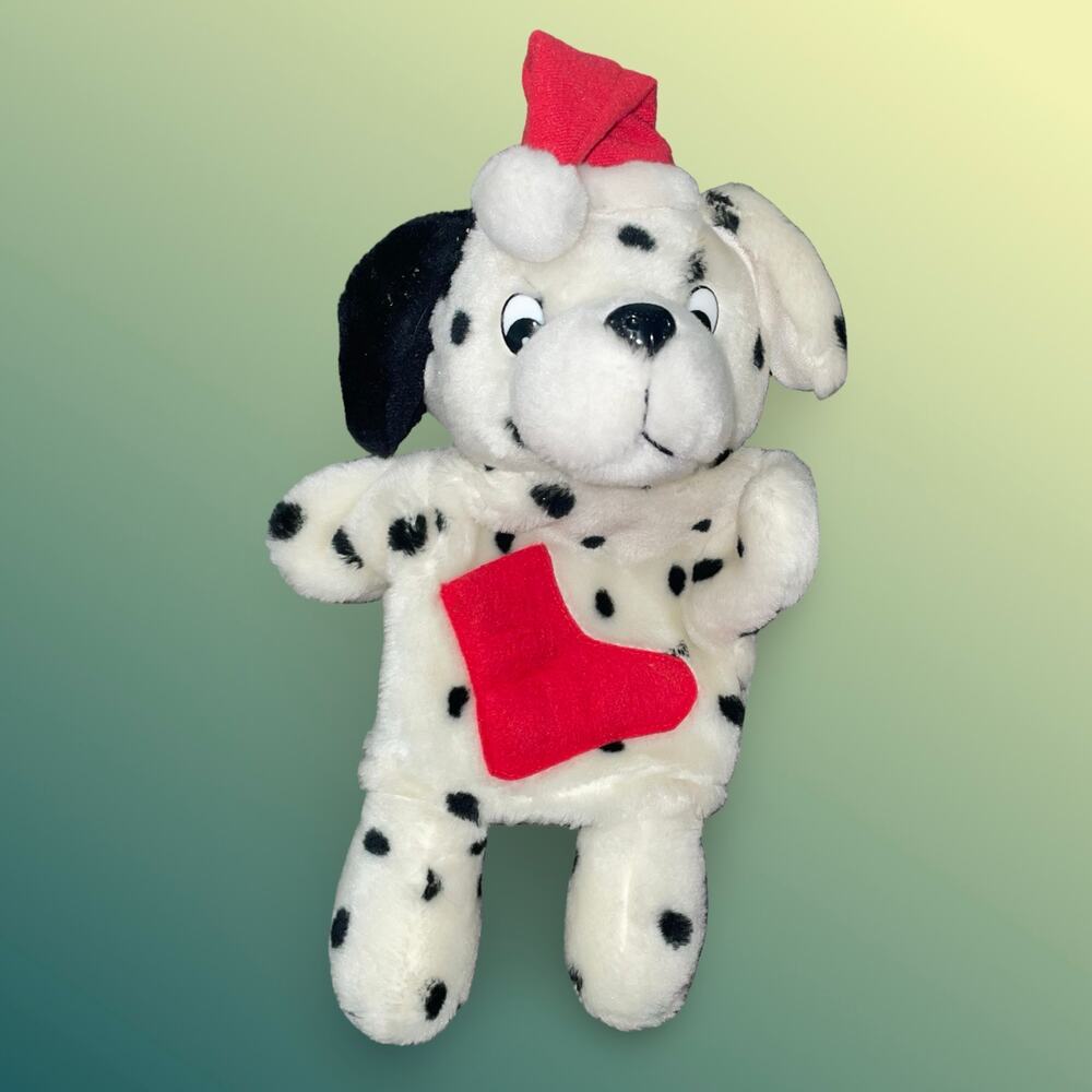 Christmas Dalmatian Dog 9" Hand Puppet Santa Hat with Red Stocking Plush Toy